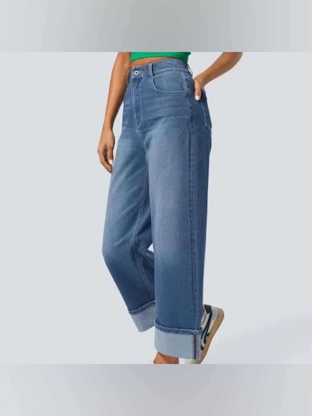 Halara Flex High Waisted Pockets Rolled Hem Wide Leg Washed Casual Jeans
